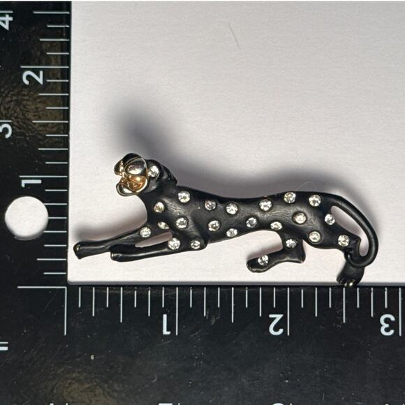 Vintage Black Panther Brooch Pin Gold Tone Black Enamel Rhinestone - Picture 14 of 14